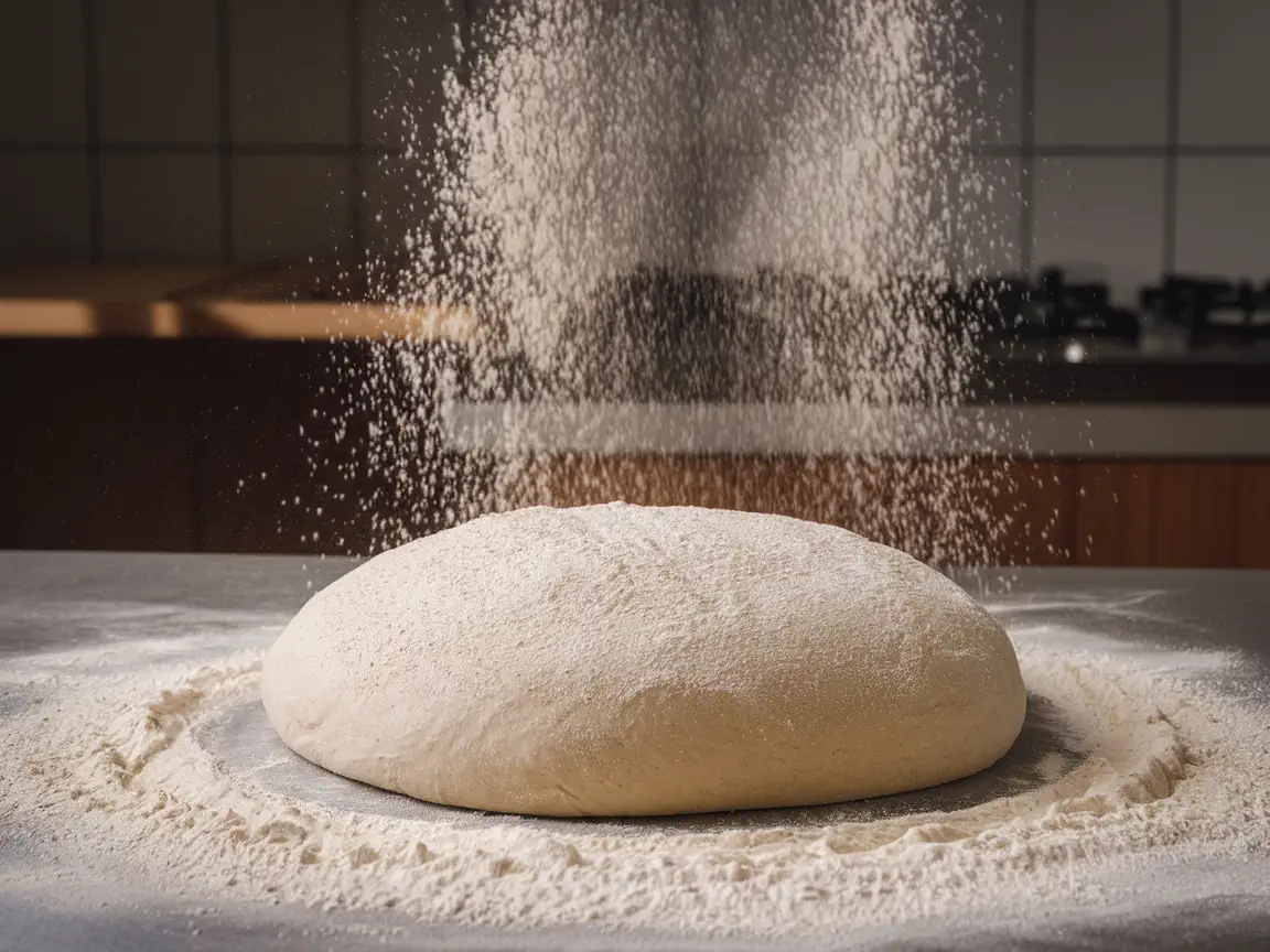 Flour being dusted over stretched pizza dough